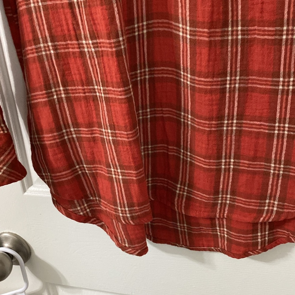 Universal Threads long sleeve button up Y neck fall orange plaid womens shirt - Picture 5 of 8
